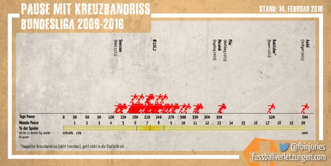 Grafik: Pause mit Kreuzbandriss. Die Hälfte der Verletzten ist nach spätestens 214 Tagen wieder fit.