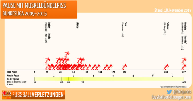 Grafik: Pause mit Muskelbündelriss. Die Hälfte ist nach spätestens 53 Tagen wieder fit.