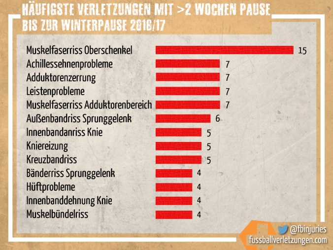Grafik: Die häufigsten schwereren Verletzungen. Der Muskelfaserriss ist am häufigsten.