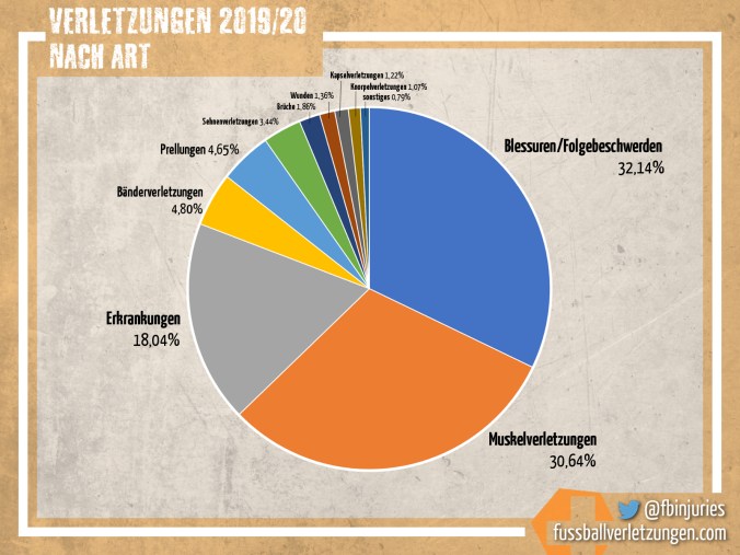 Grafik: Verletzungen nach Art 2019/20. Am häufigsten waren kleinere Blessuren (32,1%) und Muskelverletzungen (30,6%).