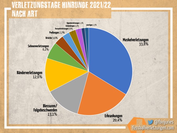 Grafik: Verletzungstage nach Art Bundesliga-Hinrunde 2021/22. Muskelverletzungen sind am häufigsten, es folgen Erkrankungen und Blessuren.